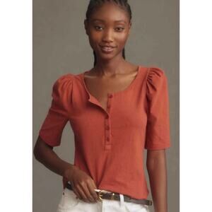 Anthropologie Burnt Orange Short Sleeve Blouse Puff Shoulder Women's size Medium
